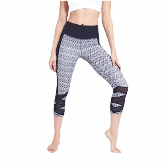 ATHLETA High Rise Mosaic Mantra Capri Leggings Tights Mesh Navy Blue White S - Picture 7 of 12
